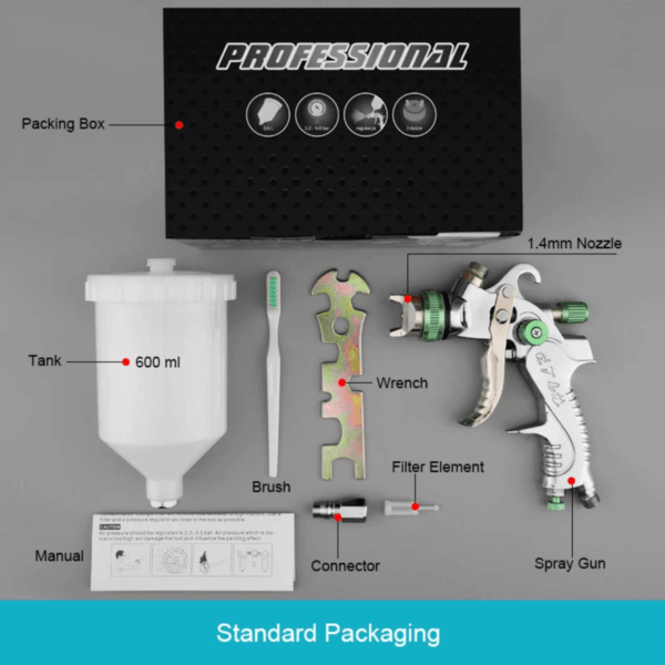 Profissional HVLP Pistola de Pintura Kit 600ml 1.4mm - Imagem 3
