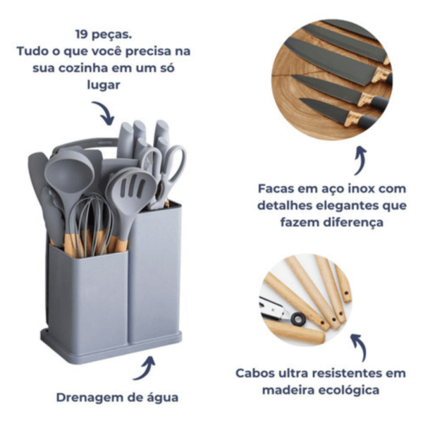 Kit Conjunto Utensílios Cozinha Silicone Faca Tábua 19 Pçs - Imagem 5