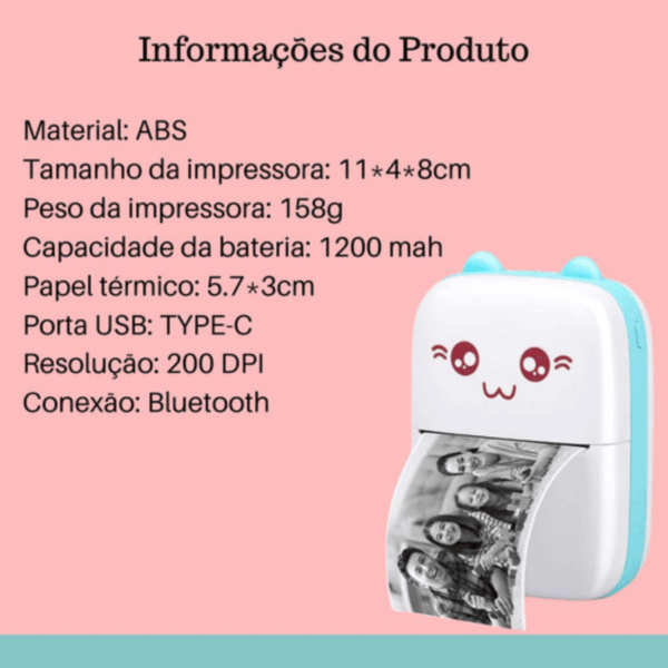 Mini Impressora Térmica Portátil Sem Fio Bt 200dpi Escolar - Imagem 2