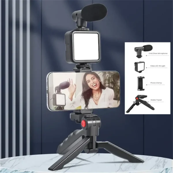 Kit De Vlogg Filmagem Microfone Tripé Luz Live Profissional - Imagem 12